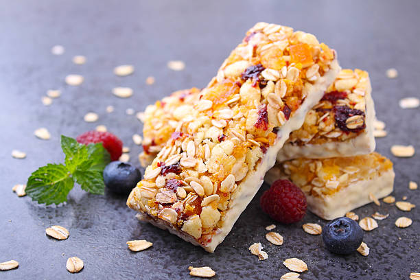 Healthy snack bar with berries and oats.
